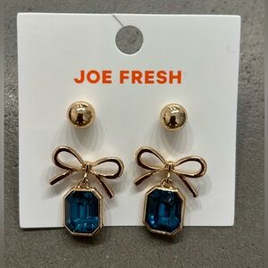 Joe Fresh Gold Bow Earrings with Blue Gem